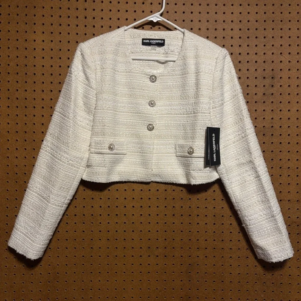 Karl Lagerfeld Cropped Tweed Jacket 14 White Ivory Chic Preppy Metallic Bride